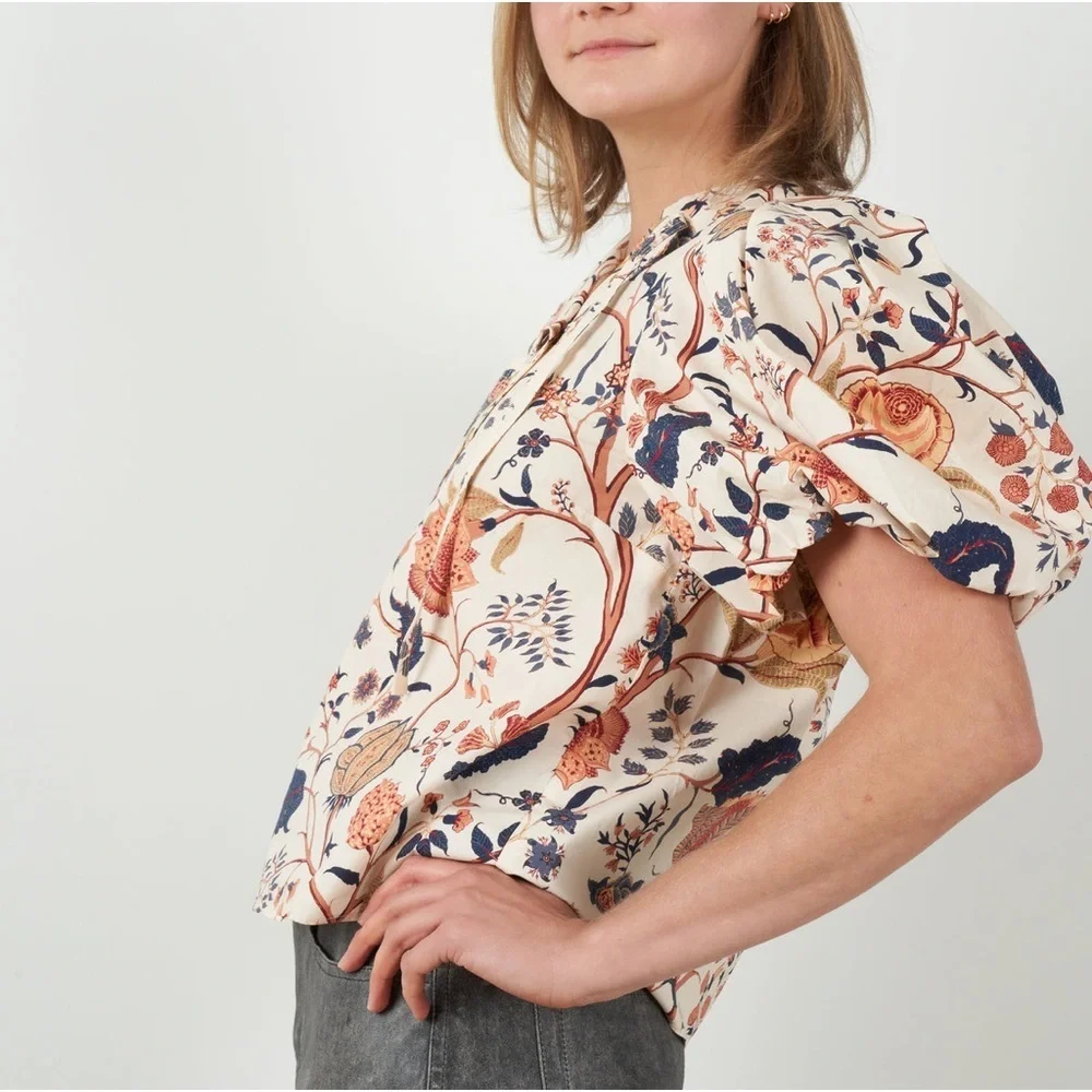 Ulla Johnson Cream Floral Puff-Sleeve Blouse with Navy and Rust Motif
